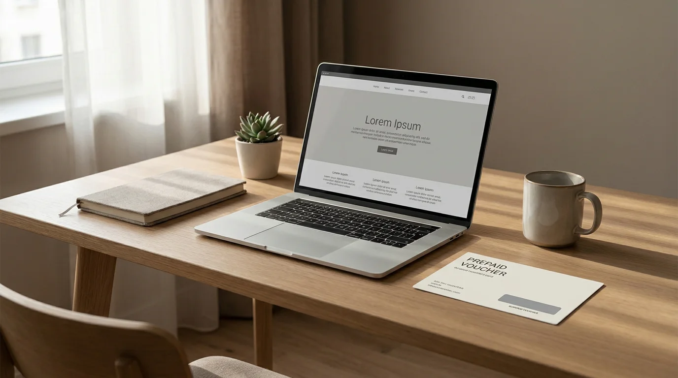 Aufgeräumter Schreibtisch mit Laptop und einer neutralen Guthabenkarte ohne Aufdruck