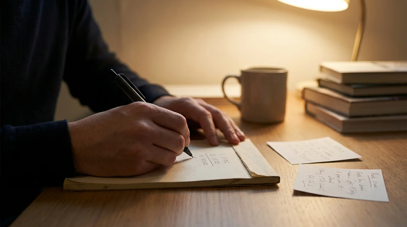 Eine Person rechnet mit Stift und Notizblock zwei Posten zusammen