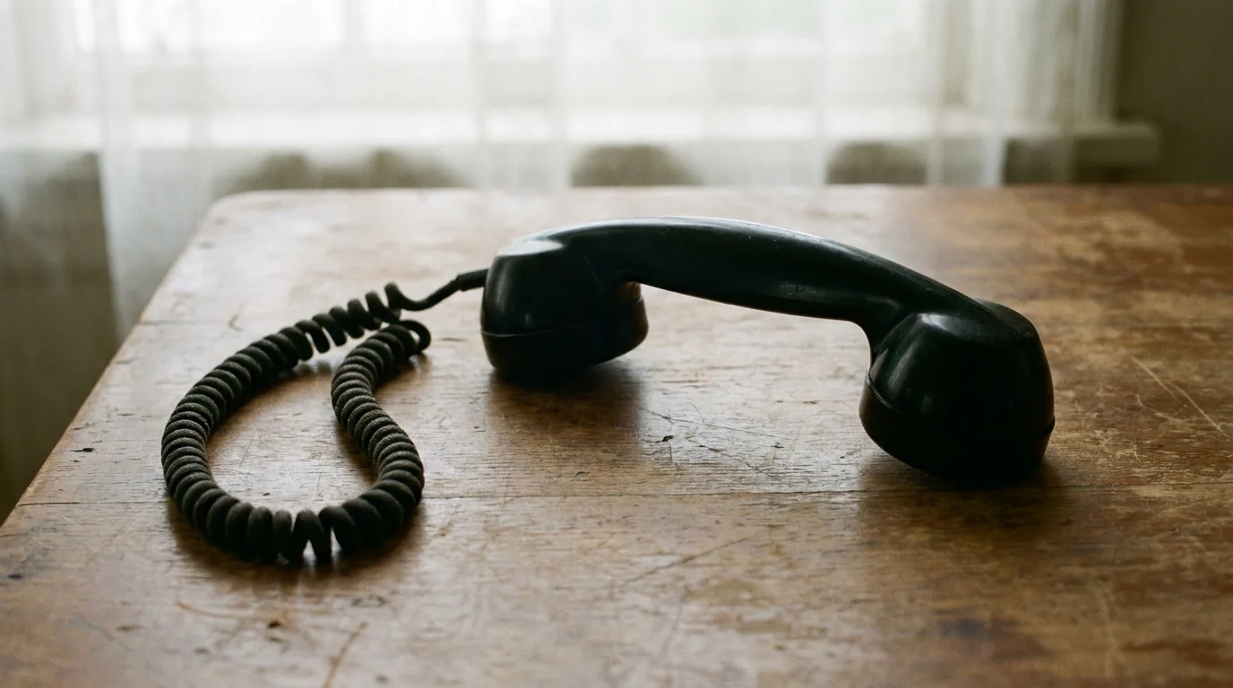 Ein Telefonhörer liegt neben der Gabel auf einer schlichten Fläche