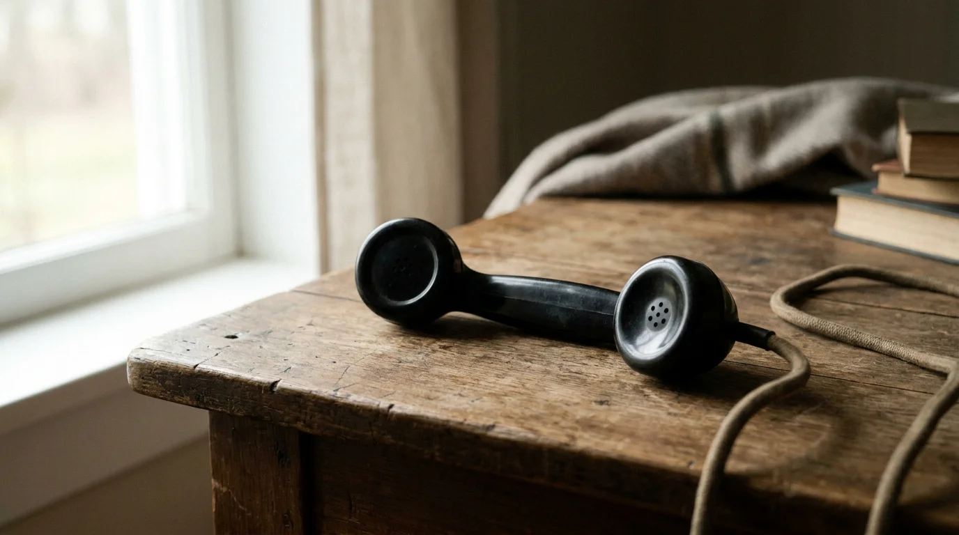 Ein Telefonhörer liegt neben der Gabel auf einer schlichten Fläche