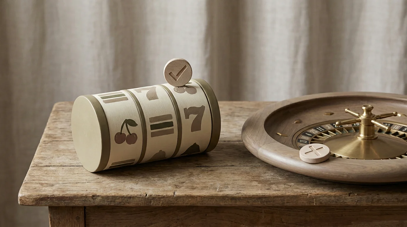 Ein Walzenautomat mit Häkchen neben einem Roulettekessel mit Kreuz, schematisch angedeutet
