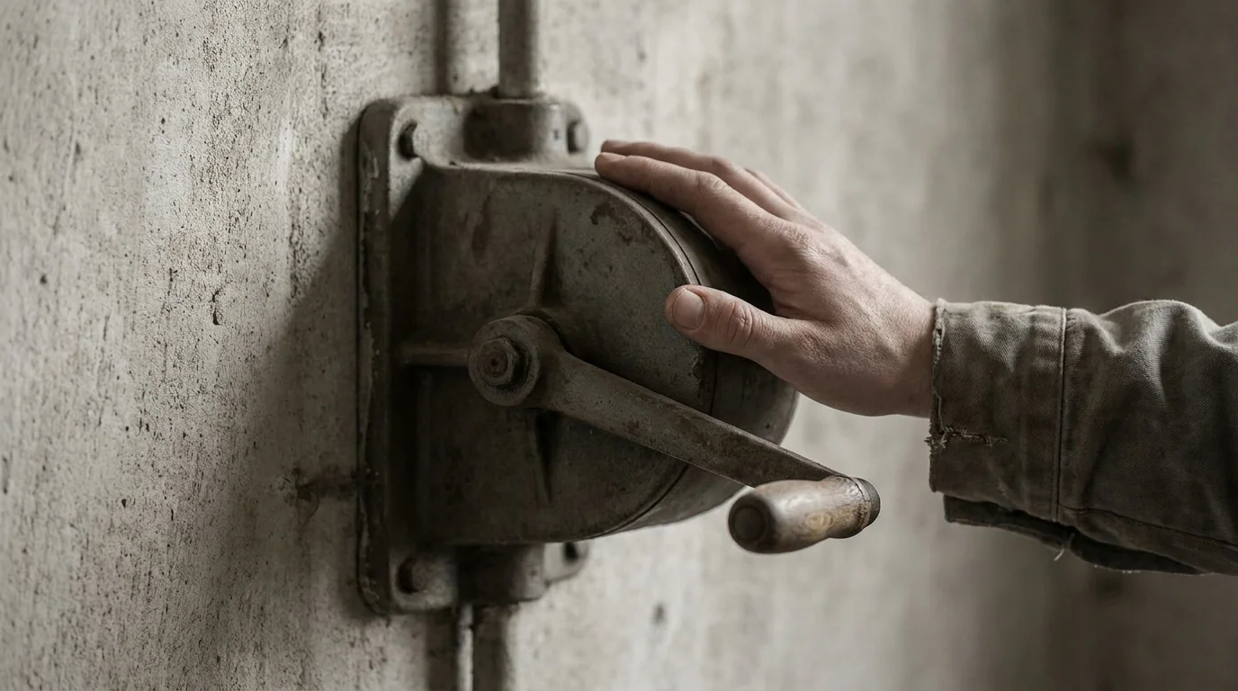 Ein großer mechanischer Hebel an einer schlichten Wand