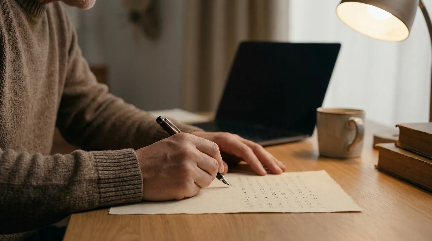 Person notiert Zahlenreihen mit Stift auf einem Blatt am Schreibtisch