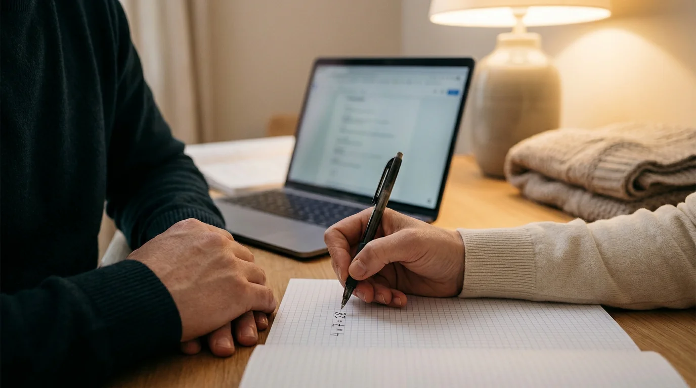 Person notiert eine Multiplikation mit Stift auf kariertem Papier am Schreibtisch