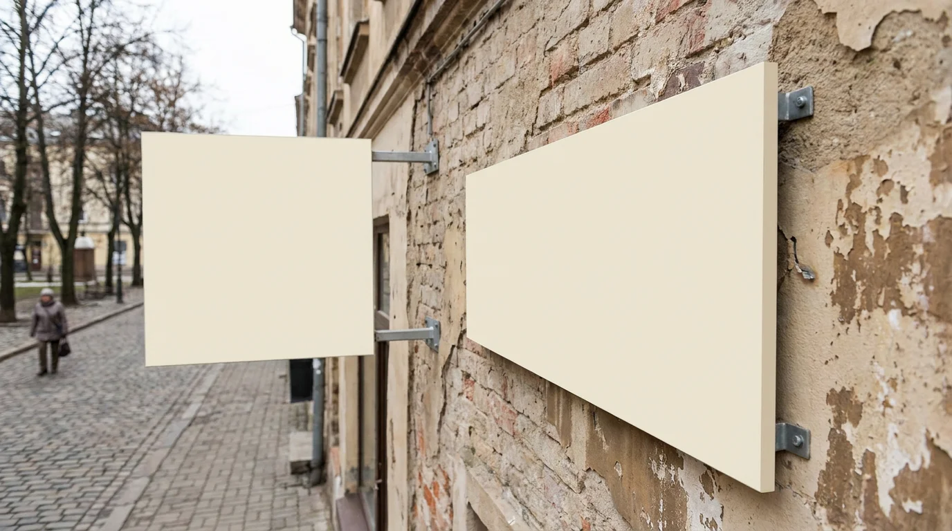 Ein frisch gestrichenes Schild über einer alten Fassade, das Neuheit vortäuscht