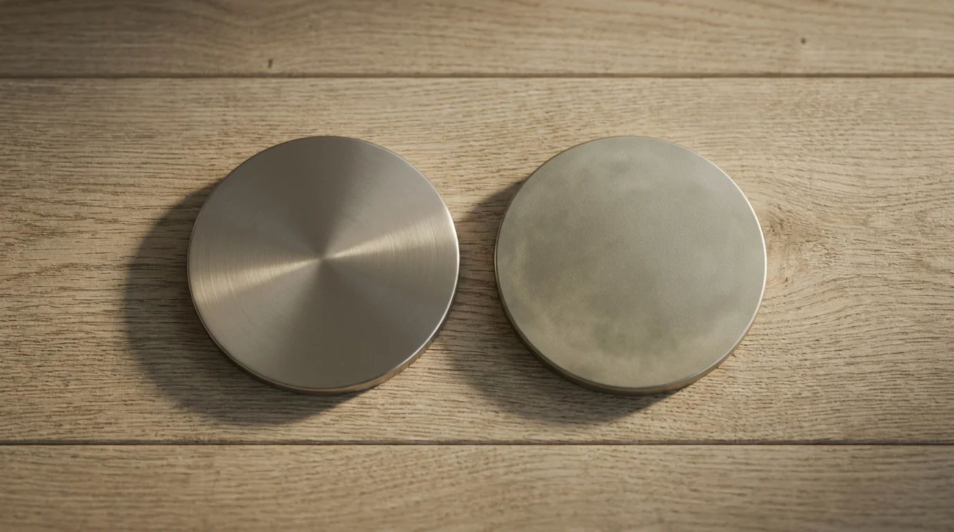 Zwei Seiten einer schlichten Metallmuenze nebeneinander auf hellem Holz