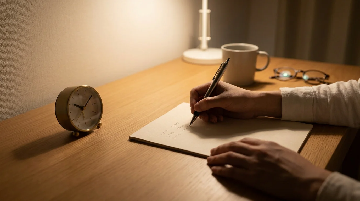 Eine Person rechnet mit Stift und Notizblock eine Umsatzvorgabe in Stunden um, daneben eine kleine Uhr