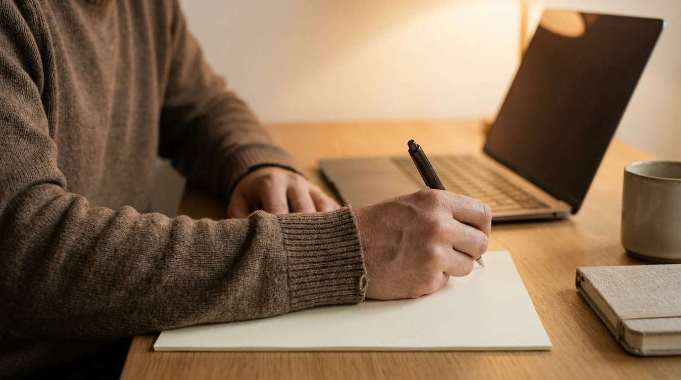 Person rechnet mit Stift auf einem Blatt Papier an einem ruhigen Arbeitsplatz