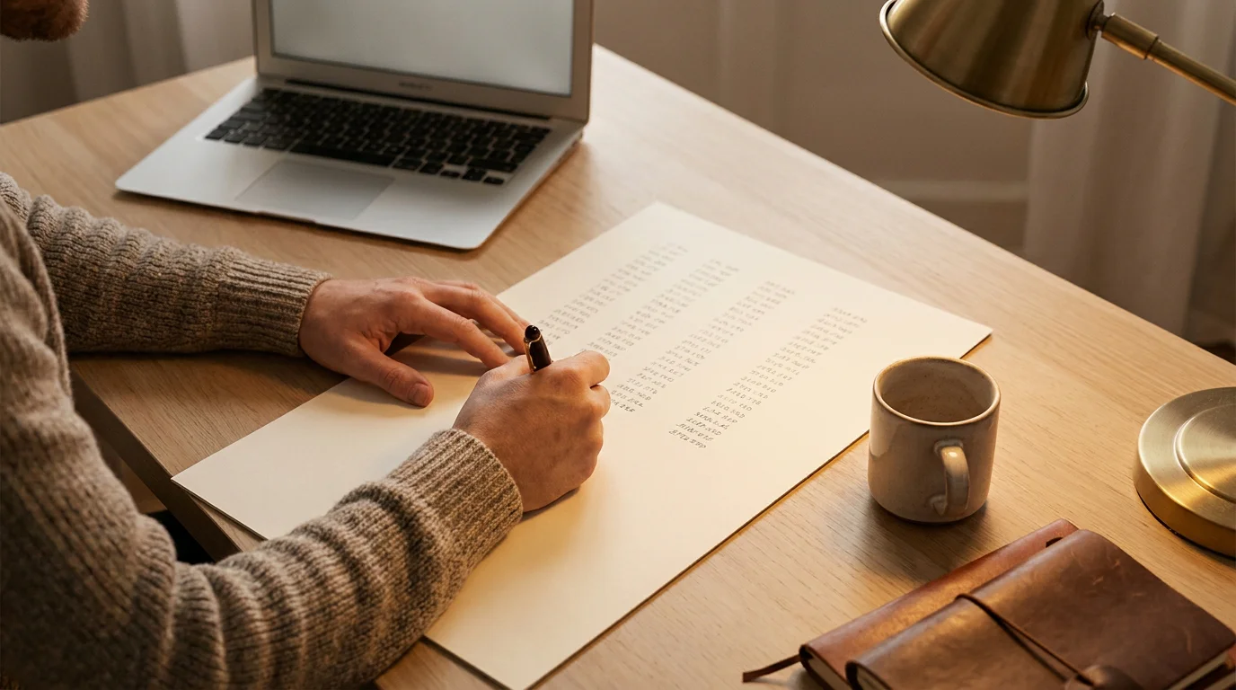 Person notiert lange Zahlenreihen mit Stift auf einem Blatt am Schreibtisch