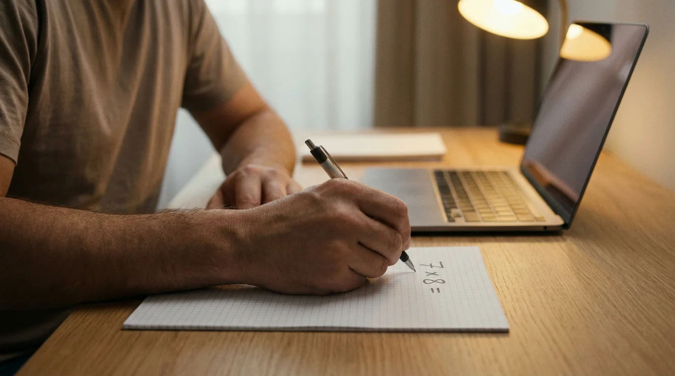 Person notiert eine Multiplikation mit Stift auf kariertem Papier am Schreibtisch