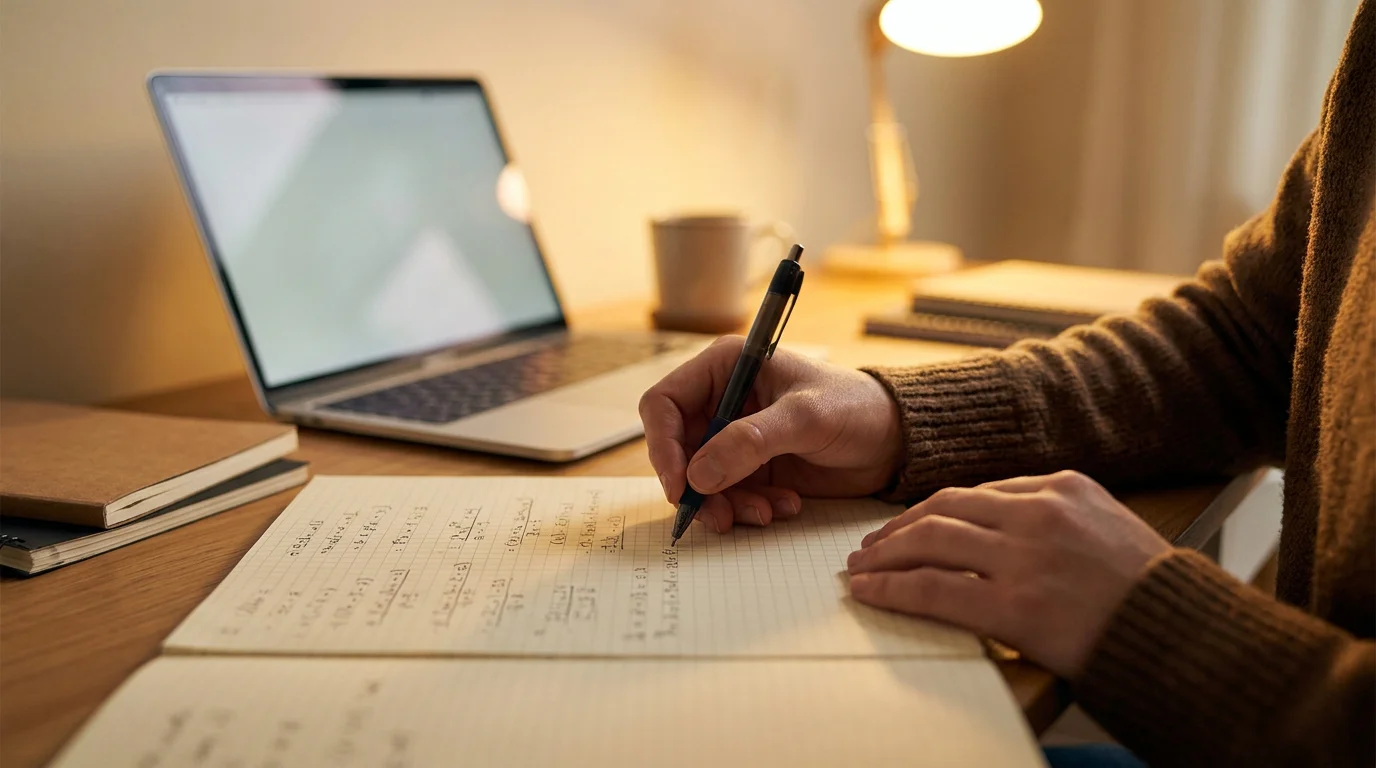 Person notiert eine lange Multiplikation mit Stift auf kariertem Papier