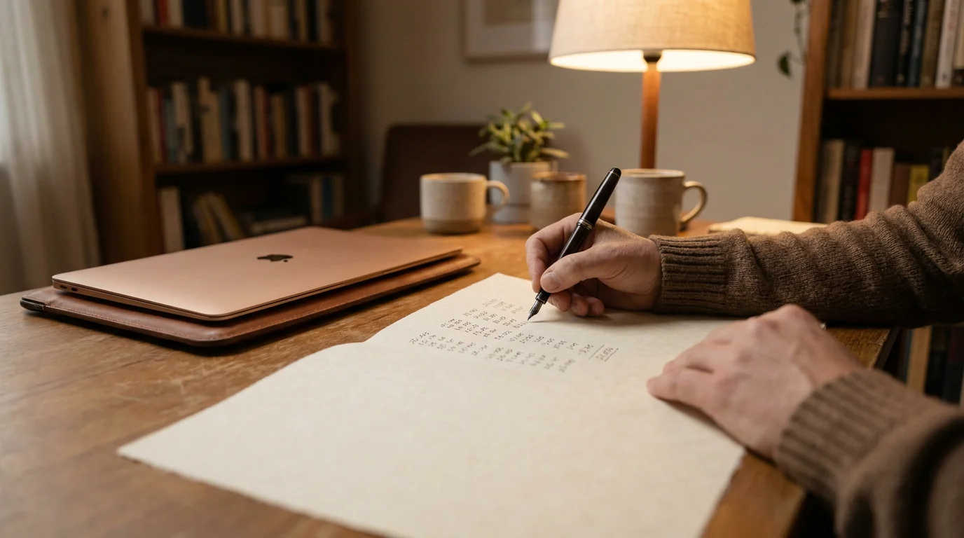 Person notiert Zahlenreihen mit Stift auf einem Blatt an einem ruhigen Schreibtisch