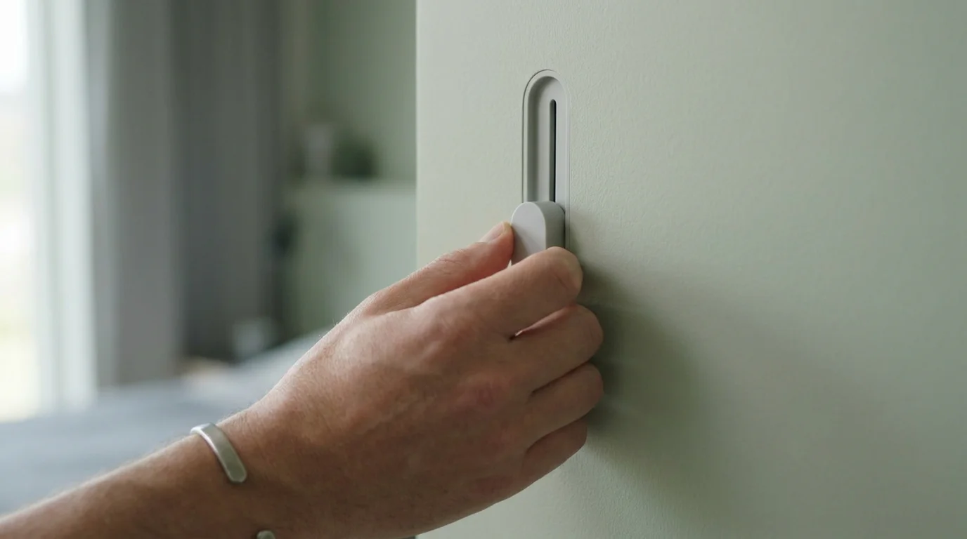Hand stellt einen schlichten Schieberegler an einer hellen Wand nach oben