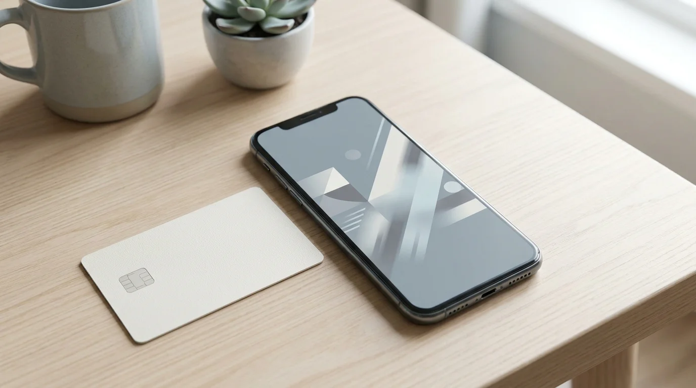 Prepaid-Gutscheinkarte ohne Aufdruck neben einem Smartphone mit neutraler Ansicht