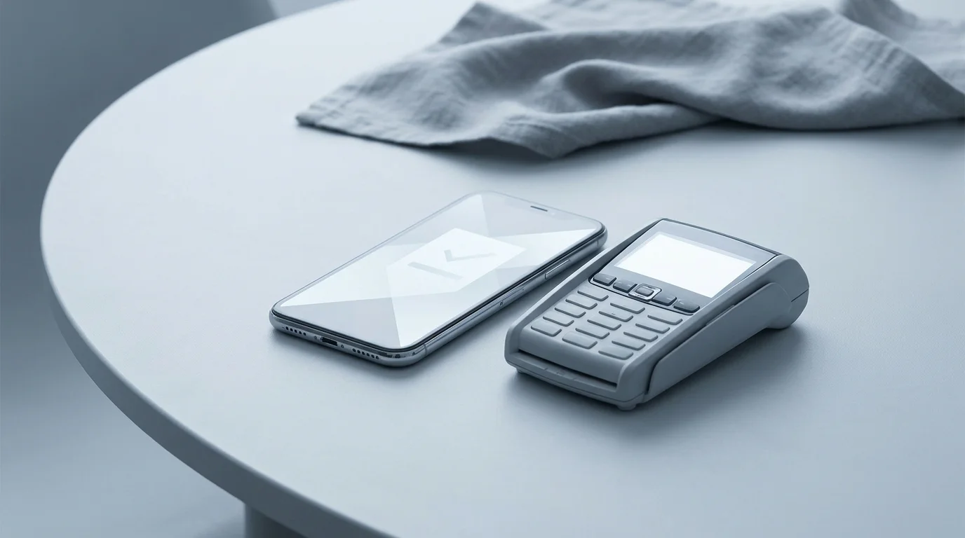 Smartphone mit neutraler Zahlungsansicht neben einem Kartenlesegerät auf heller Tischplatte