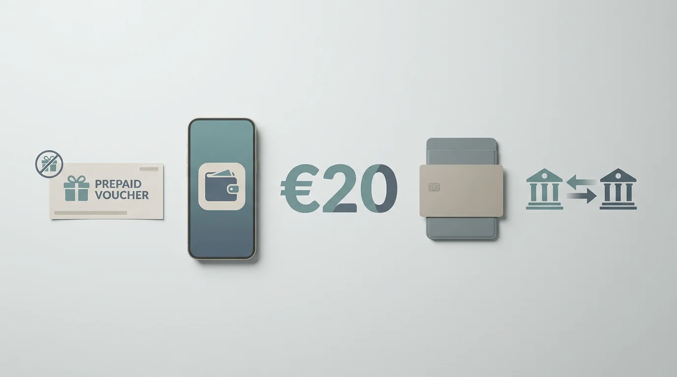 Verschiedene Zahlungswege um einen Zwanzig-Euro-Betrag, einer mit einem durchgestrichenen Bonus-Symbol