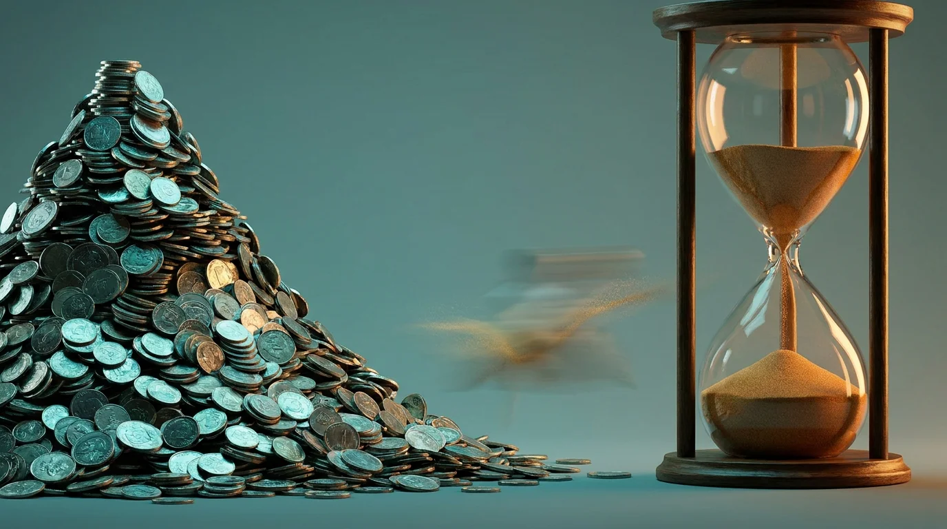 Ein hoher Umsatzberg neben einer fast abgelaufenen Sanduhr